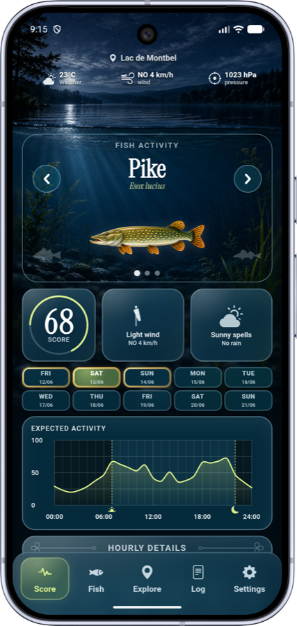 Fishing Moments dark mode night forecast screen